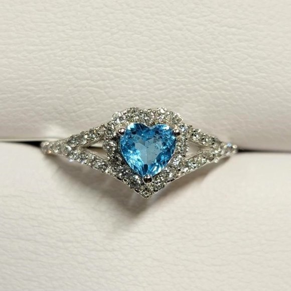 (SOLD) 14K Heart-Shaped Blue Topaz Diamond Ring Sz 5.75 - Picture 4 of 11